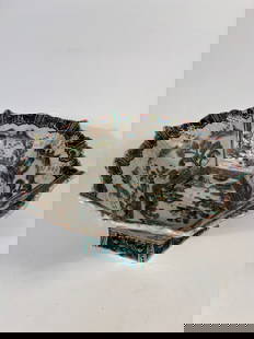 A Chinese Famille Verte Reticulated Hexagonal Porcelain bowl: Qing Dynasty (1644-1912);The hexagonal form with reticulated (pierced) rim , The inner landscape scene—featuring mountains, scholars, pavilions, and pine trees—is executed in famille verte (wucai)