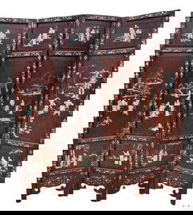 A Large Chinese Huanghuali/ rosewood Folding Screen with Mother-of-Pearl Inlay, 4 Panels: Qing Dynasty(1644-1912); An impressive Chinese folding screen, featuring four panels, each richly inlaid with mother-of-pearl decoration. The panels depict traditional figural scenes, landscapes, and