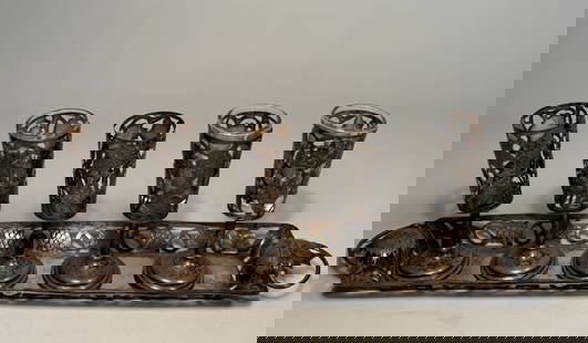 A set of Mexican Sterling Silver Cordial Serving Set for five: Pierced leaf and grape pattern, including five cordials each with fixed glass insert and pedestal foot, each marked ; complete with rectangular serving tray marked "Sterling Mexico /ELA 925." 3 7/8 in