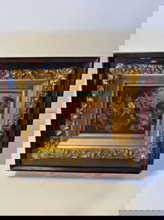 Miniatue oil painting on board with gilt frame: This Miniature oil paintings on board presents a dynamic historical or mythological scene, rich with figures and narrative action. The intricate, gilded frame with its ornate detailing enhances the se