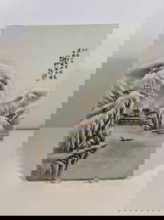 A Chinese porcelain plaque: 20th Century ; featuring a winter landscape scene, likely hand-painted in enamel on a porcelain tile with Chinese calligraghy with poem and signature.Length: 15 inches Width: 10 inches