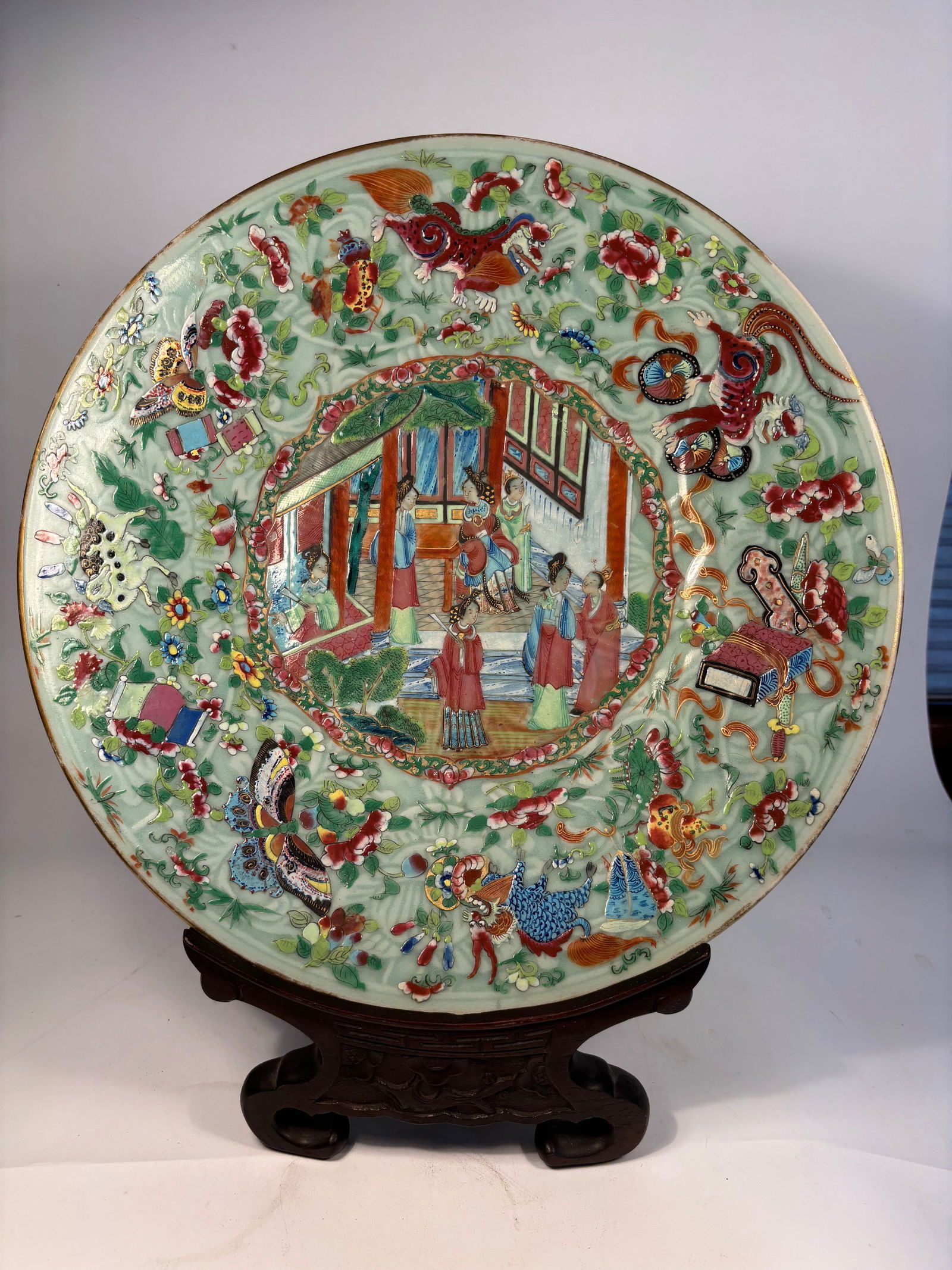A Super Large Chinese Famille Rose Plate with Hundred Treasures and Celadon-Glazed Back (1 of 11)