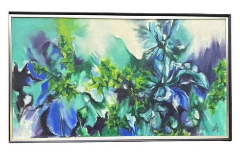 Contemporary Abstract Floral Painting, Signed, Oil on Canvas: A vibrant contemporary oil painting on canvas, featuring an abstract floral composition in bold shades of blue, green, and violet. The artist uses expressive brushwork and dynamic contrast to evoke th