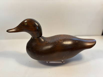 Vintage Mallard Style Wooden Duck Decoy: Prominent wood grain pattern ; 6.5 inches high x 5 inches wide x 15 inches length