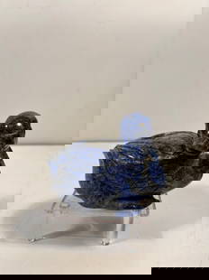 A Heavy Chinese hand carved lapis lazuli duck sculpture paper weight: It has intense blue color with gold flecks of pyrite. The stone is of deep cobalt blue with natural inclusions of white calcite and golden pyrite. Smoothly polished surface with well-defined wings and