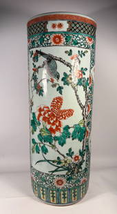 A Large Chinese Famille Verte Porcelain Umbrella holder: Qing Dynasty(1644-1912); A large Chinese porcelain umbrella stand decorated in the famille verte (wucai) palette, dating from the late Qing Dynasty to Republic Period (circa 1880–1930). Of cylindric