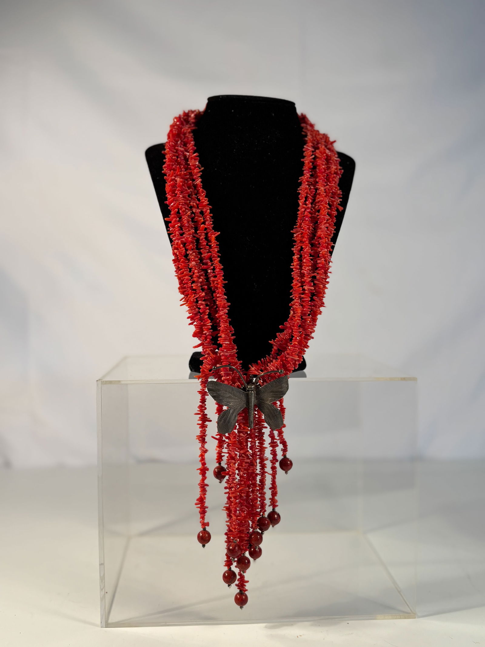 Multi-Strand Red Coral Branch Necklace with Large Silver Butterfly Pendant (1 of 9)