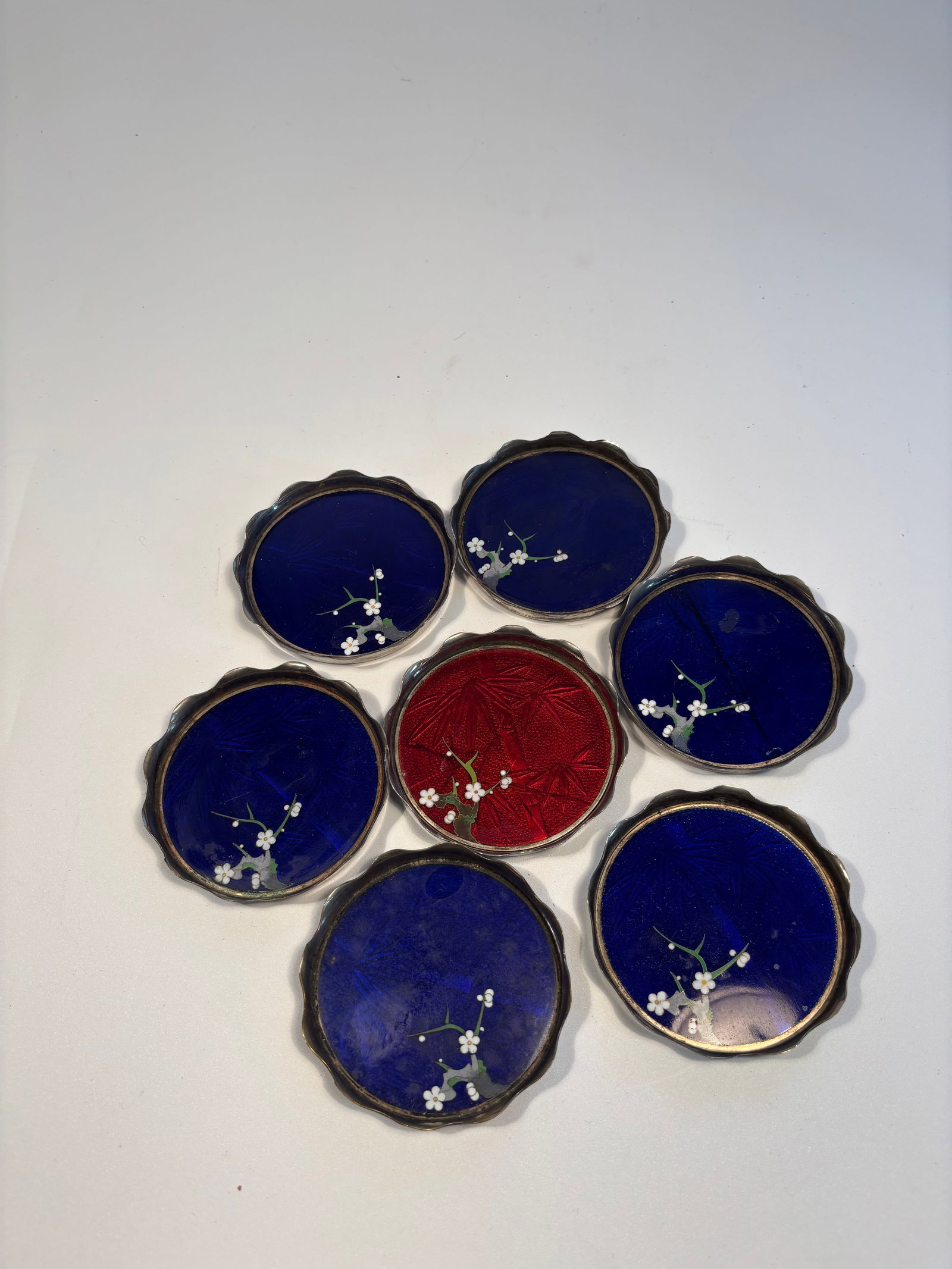 Set of SEVEN INABA KYOTO OX BLOOD RED AND COBALT BLUE HAND PAINTED CLOISONNÉ ENAMEL COASTERS (1 of 12)