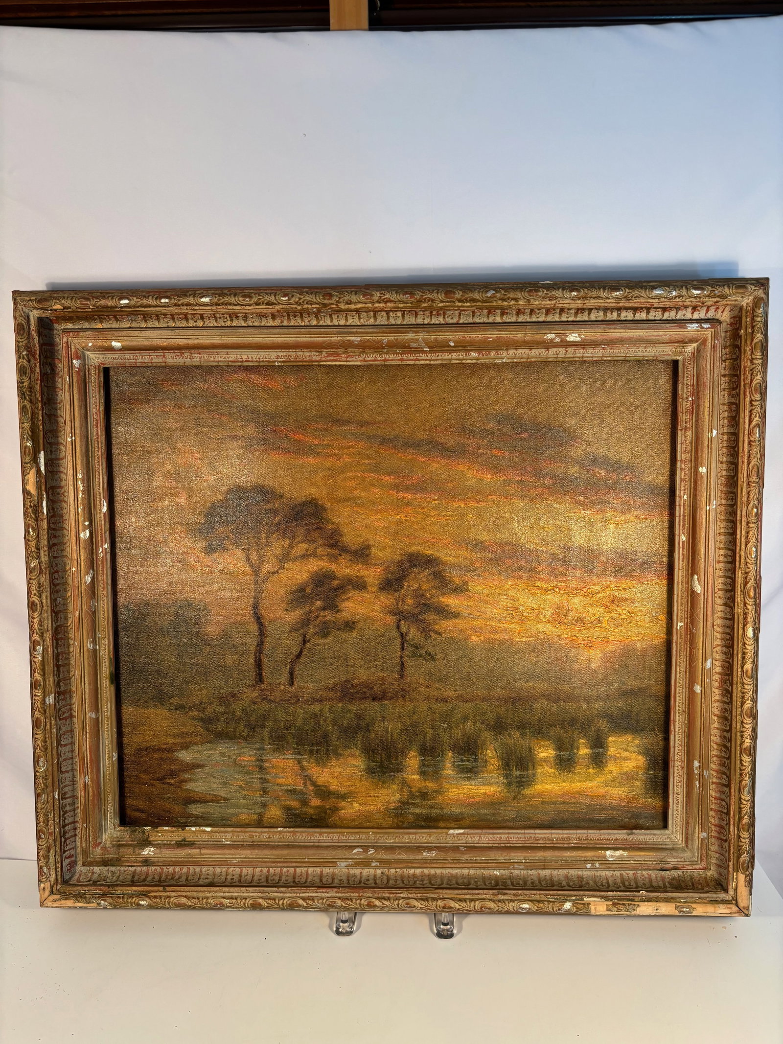 Oil on Canvas Sunset Landscape with Trees and Water Reflection, Tonalist Influence (1 of 12)