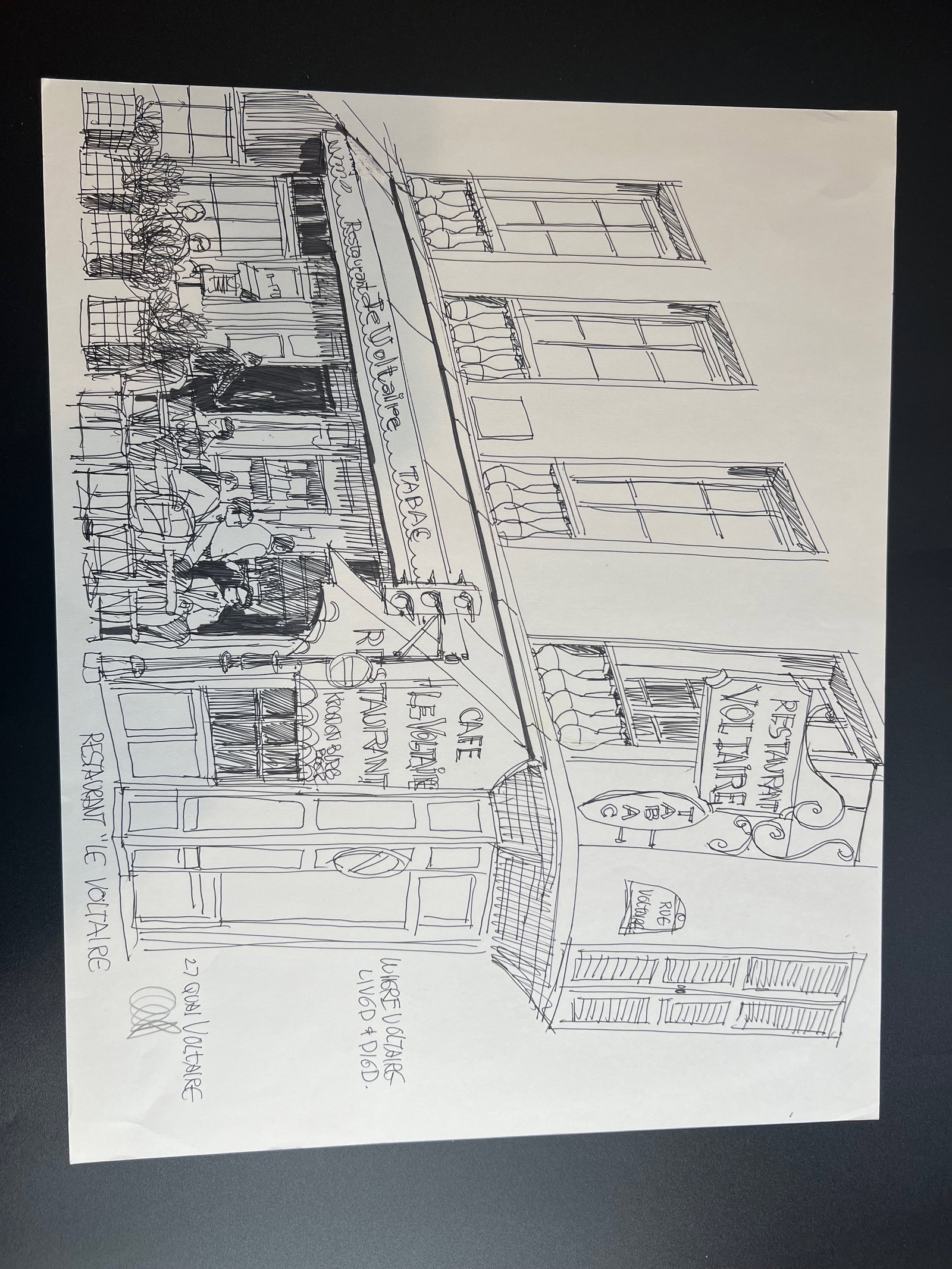 Pen-and-ink architectural Sketch " 27 Quai Voltaire" in Paris signed by William Orlandorf: William Orlandorf (American, 1924-1996), was a lifelong Chicago resident and world recognized artist sketched and painted Chicago and the cities of Europe for over 30 years. Bill's style is neo-impres