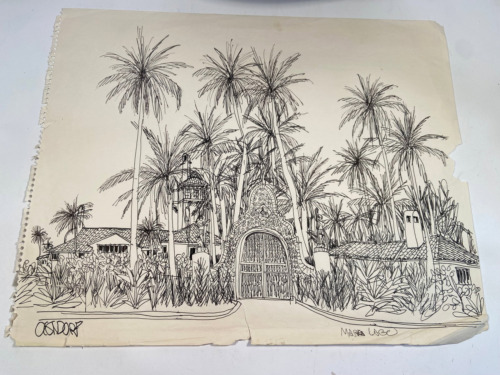 Pen-and-ink architectural Sketch "Mar-a-Lago, in Palm Beach, Florida "signed by William Orlandorf: William Orlandorf (American, 1924-1996), was a lifelong Chicago resident and world recognized artist sketched and painted Chicago and the cities of Europe for over 30 years. Bill's style is neo-impres