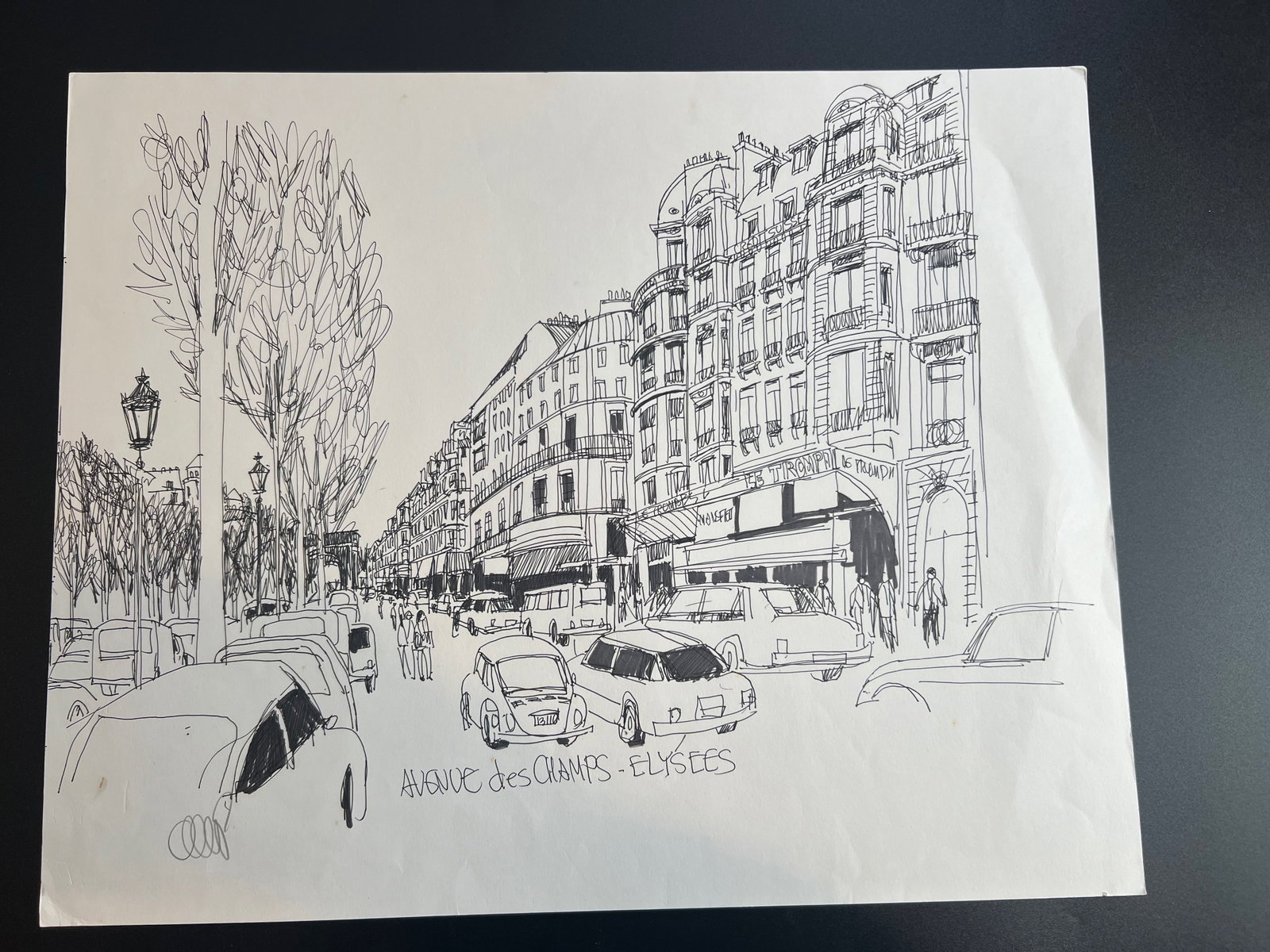 Pen-and-ink architectural Sketch “the Avenue des Champs-Élysées, in Paris, France " signed by: William Orlandorf (American, 1924-1996), was a lifelong Chicago resident and world recognized artist sketched and painted Chicago and the cities of Europe for over 30 years. Bill's style is neo-impres