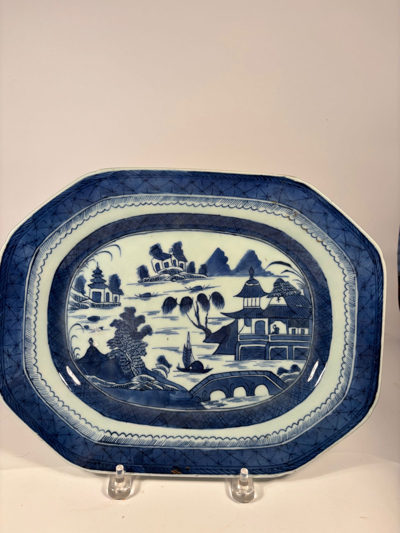 Chinese Export Canton Blue and White Porcelain Octagonal Platter, (1 of 4)
