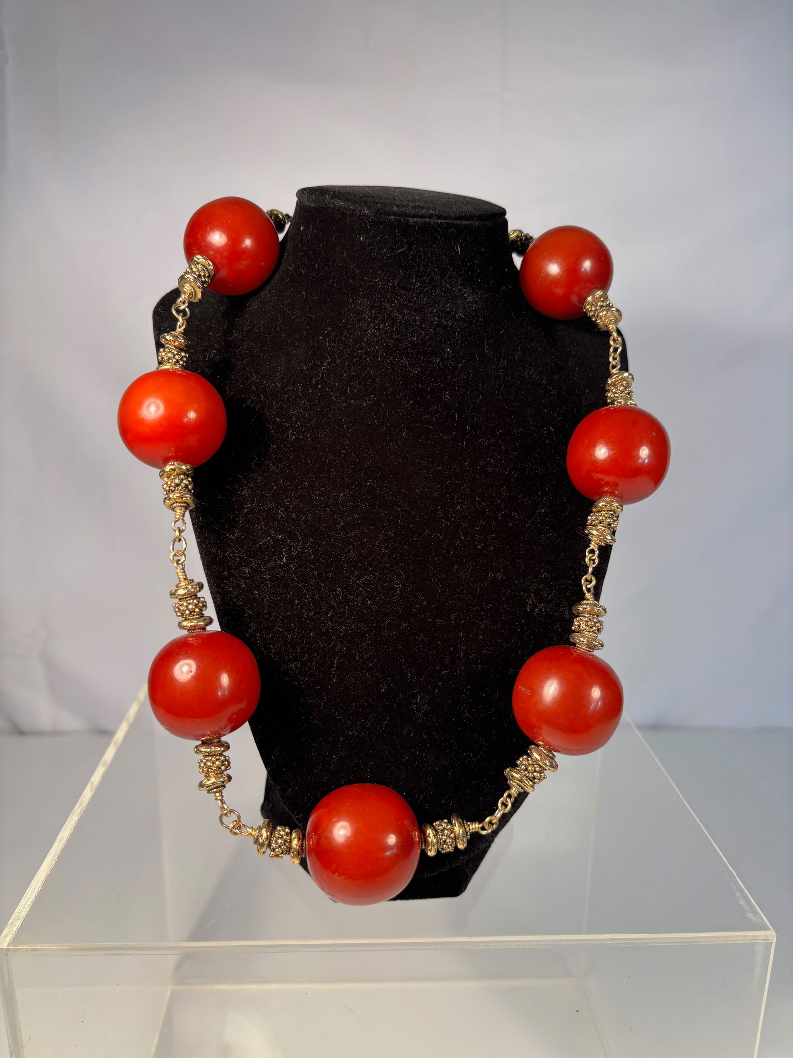 Vintage Bakelite Red Bead Necklace with Ornate Gold-Tone Spacers (1 of 6)