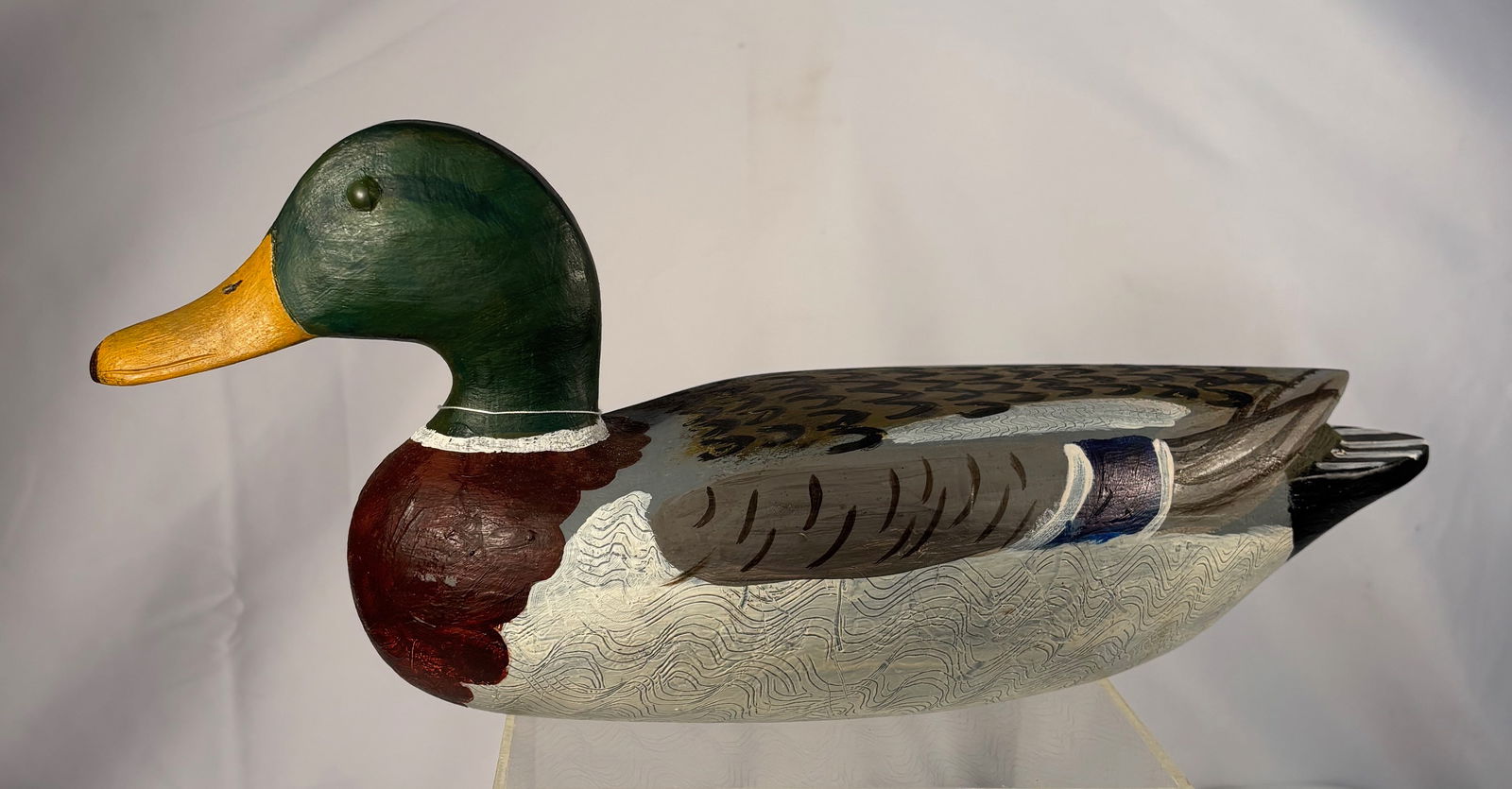 Illinois River School Mallard Drake Duck Decoy, Mid-20th Century, Hollow Body with Raised Wing Tips (1 of 13)