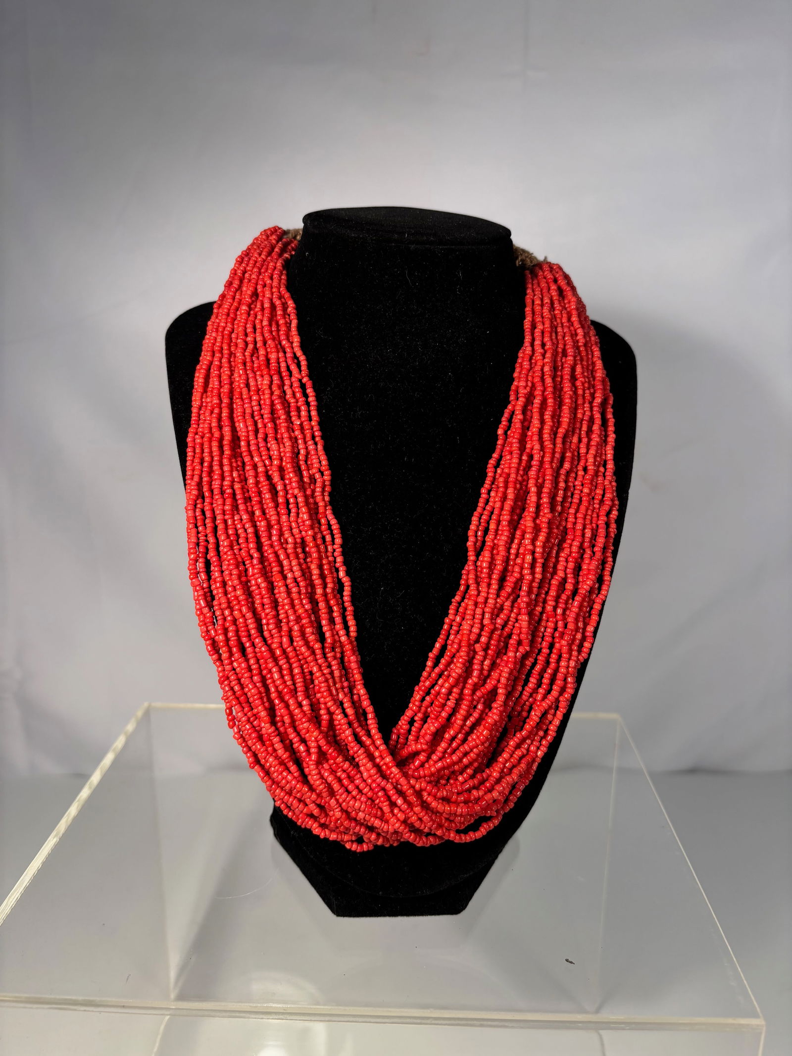 36-Strand Red Coral like Bead Necklace with Woven Fiber Straps and Coconut Shell Clasp (1 of 6)