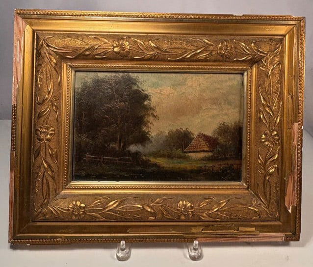British School (19th Century) Woodland Cottage by a Pond , Oil on canvas, framed: 19th century (c. 1850–1880); A serene pastoral landscape depicting a cottage nestled among dense trees under a soft golden sky. The artist’s technique shows layered brushwork and subtle modulation
