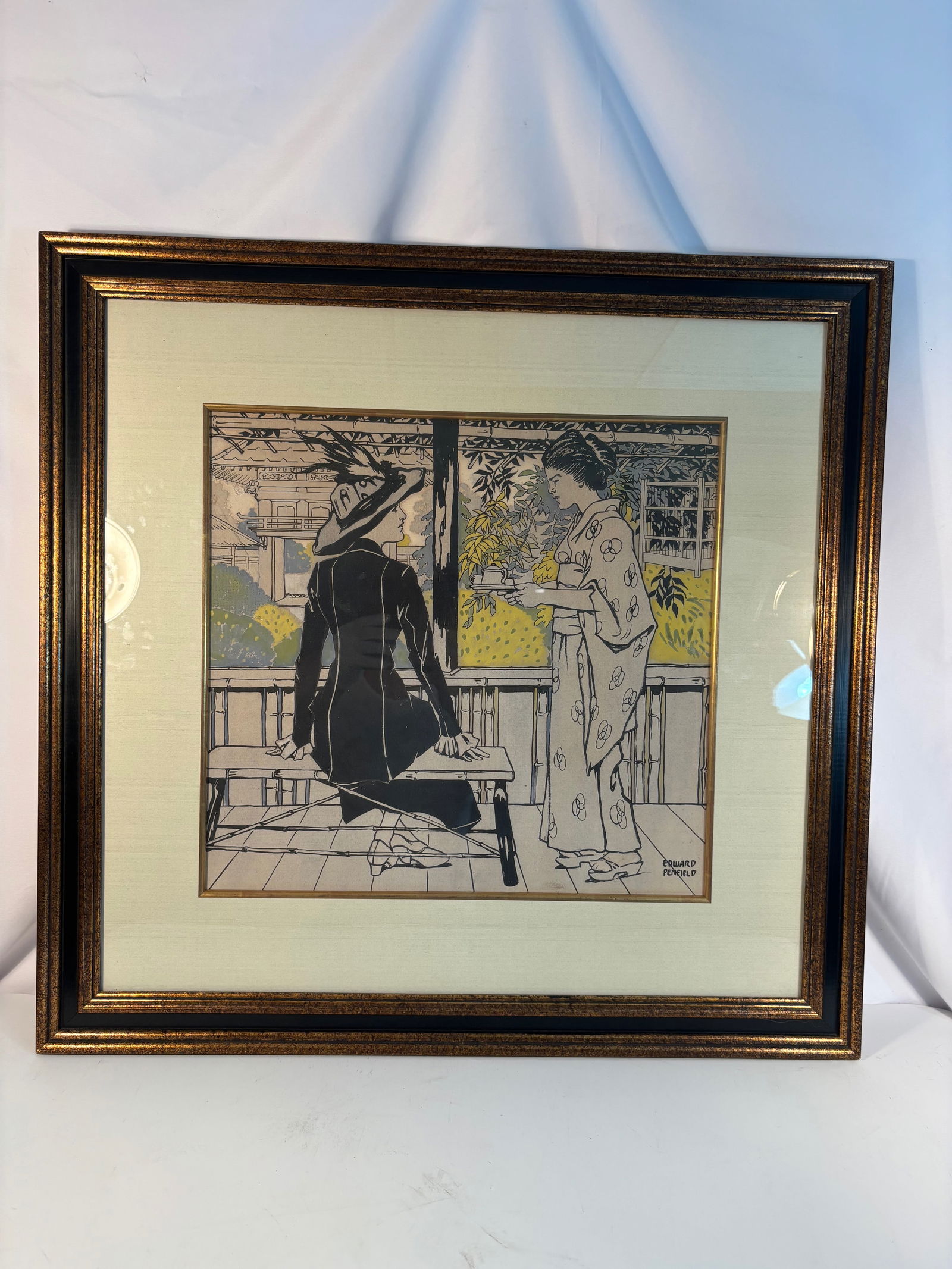 Edward Penfield (American, 1866–1925) ,Japanese Tea Garden, Original color lithograph, signed in: This original lithograph by Edward Penfield, one of America’s foremost illustrators and poster artists, depicts two elegantly dressed women in a serene Japanese-style pavilion overlooking a garden.