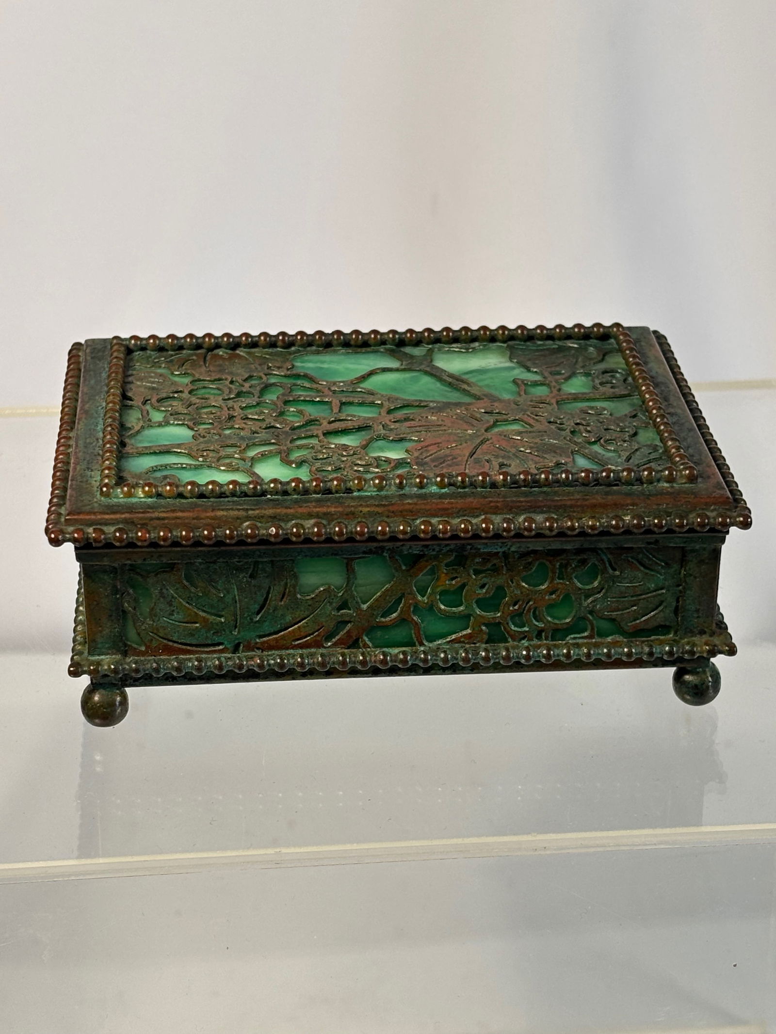 Tiffany Studios New York “Grapevine?? Bronze and Favrile Glass Covered Box, Model No. 800, circa (1 of 11)