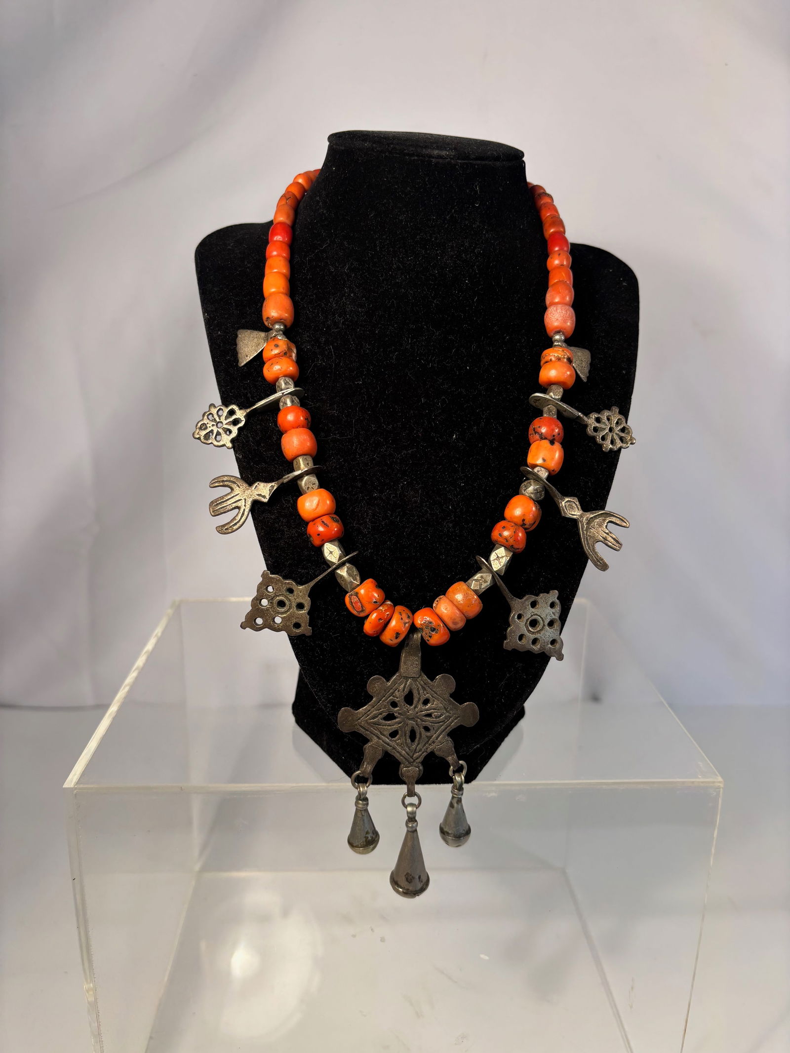 A Moroccan Berber Necklace with Natural Mediterranean Coral and Hand-Worked Silver Amulets, (1 of 10)