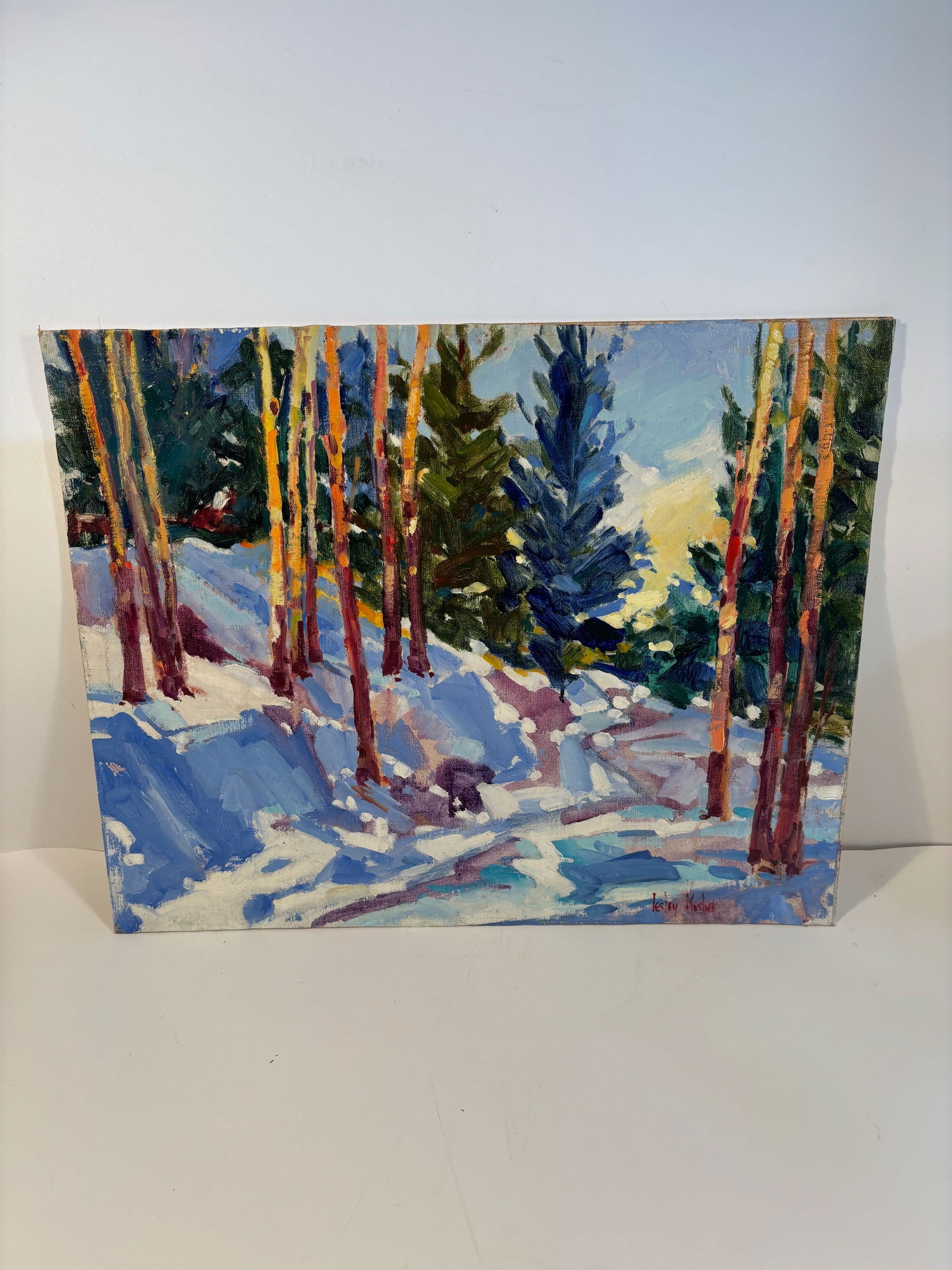LESLEY MOSHER( FORMLY LESLEY RICH) (California, Contemporary), "Snow-covered Pines" ., Oil on canvas (1 of 6)
