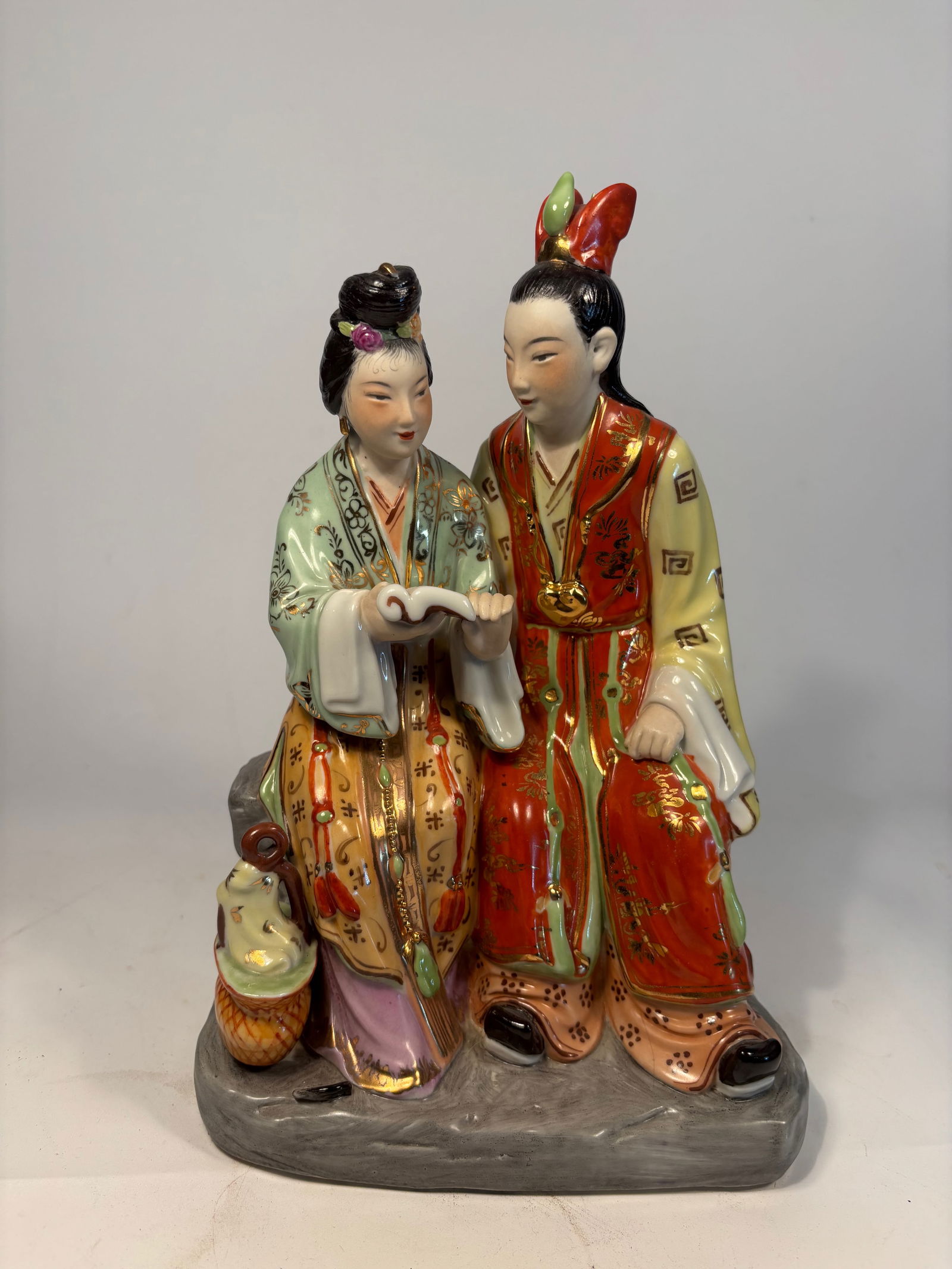 A Chinese Polychrome Porcelain Group of an Elegant Couple, Marked (1 of 7)