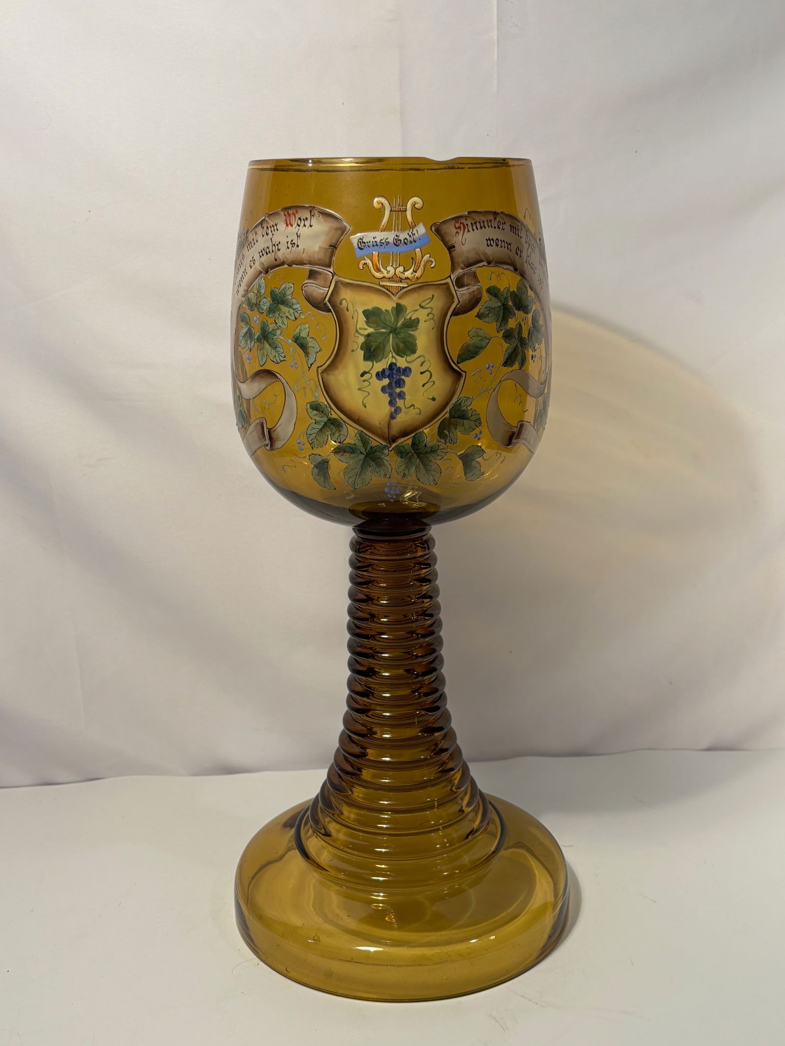 A Bohemian Amber Glass Römer Goblet with Enamelled Grapevines and German Motto, Late 19th Century (1 of 12)