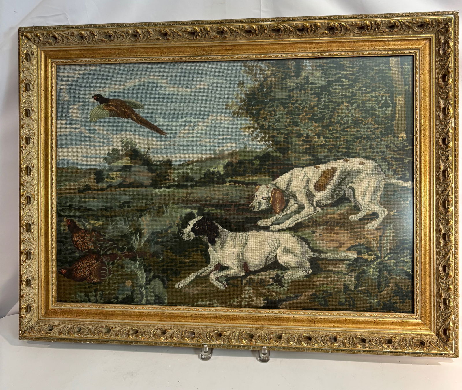 A Needlepoint Embroidery Depicting Hunting Dogs and Pheasants, Retailed by Marshall Field & Company (1 of 12)