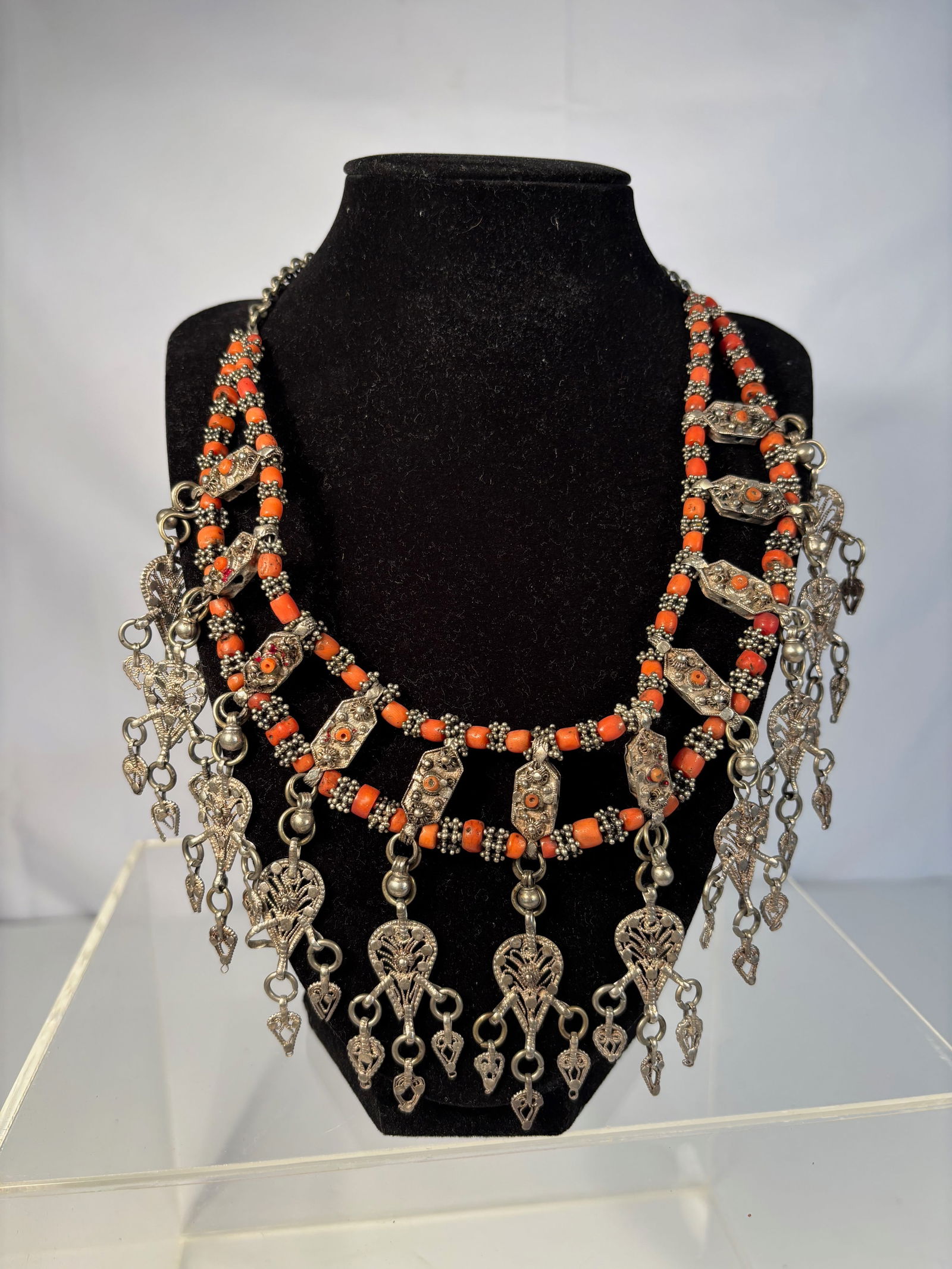 Silver and Coral Bead Necklace with Dangling Filigree Elements (1 of 8)