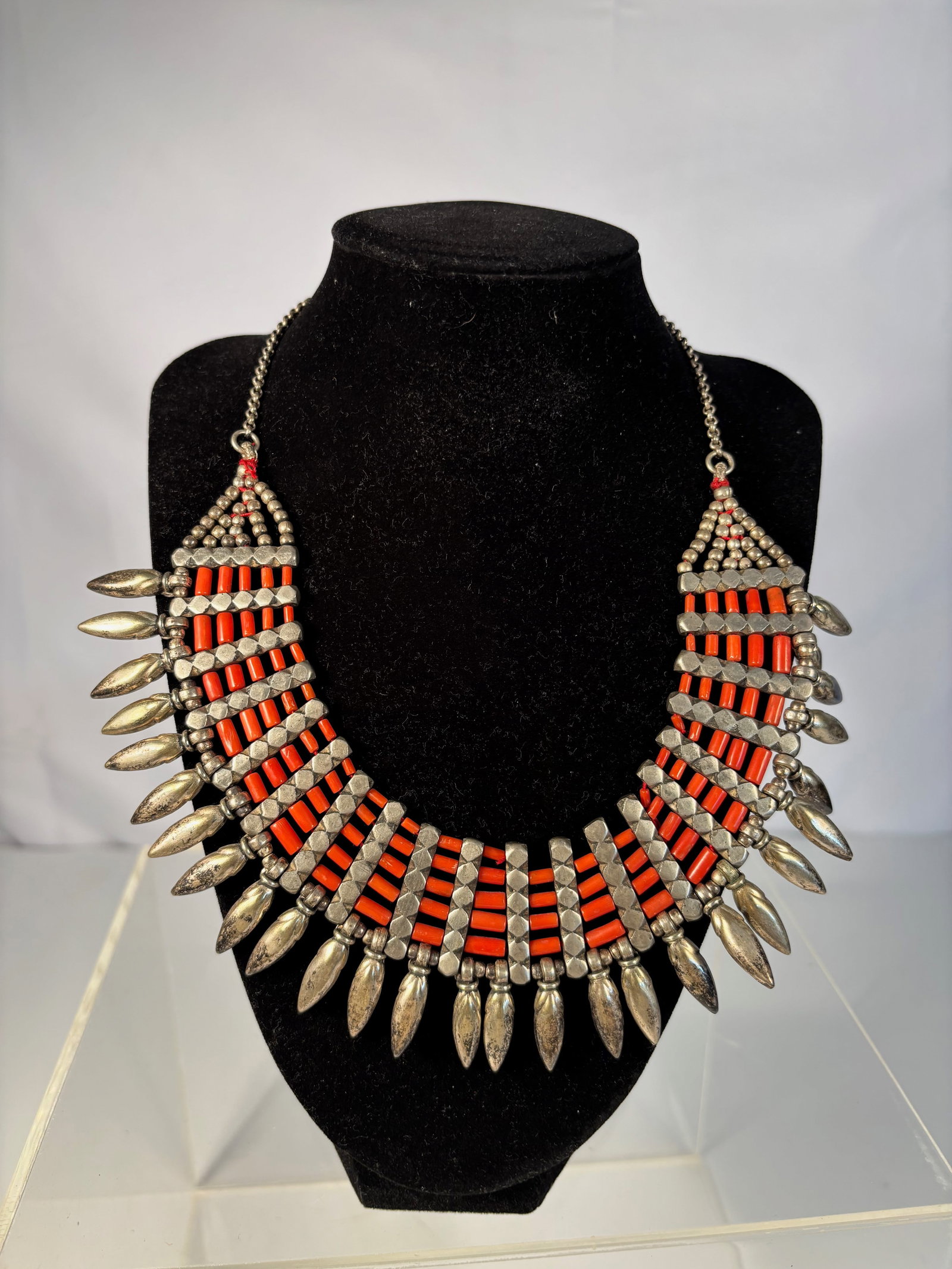 Silver and Coral Tube Bead Collar Necklace with Leaf-Shaped Drops (1 of 6)