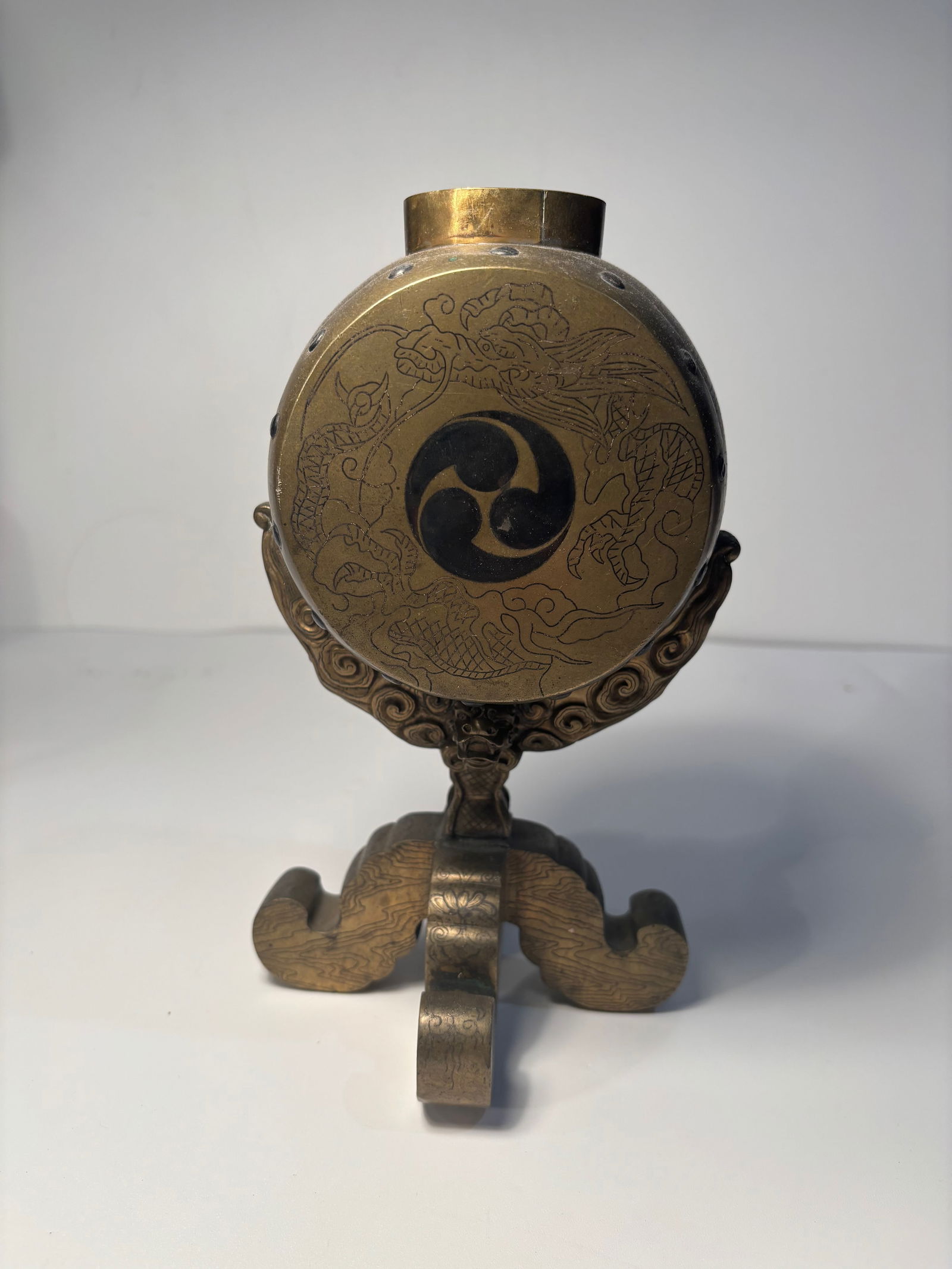 A Japanese bronze or gilt-bronze Buddhist temple Taiko dragon drum 1800s ceremonial stand (1 of 10)