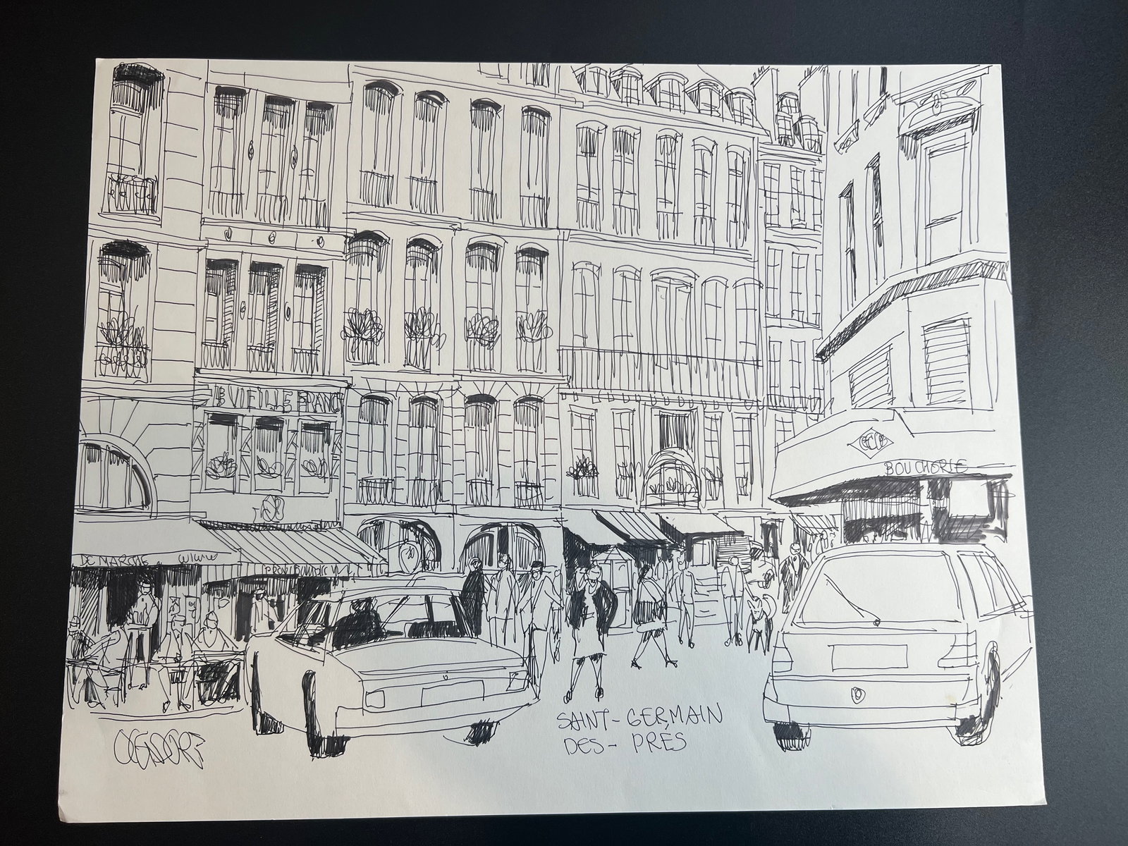 Pen-and-ink architectural Sketch “Saint-Germain-des-Prés. signed by William Orlandorf: William Orlandorf (American, 1924-1996), was a lifelong Chicago resident and world recognized artist sketched and painted Chicago and the cities of Europe for over 30 years. Bill's style is neo-impres