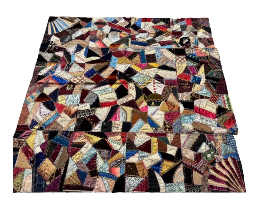 Victorian Crazy Quilt, Silk and Velvet, Embroidered Initials & Date ‘1888’: Beautiful and elaborate Victorian-era crazy quilt, dated 1888, crafted from rich silks, velvets, and satins in a vibrant patchwork design. Each irregular fabric piece is joined with intricate hand-emb