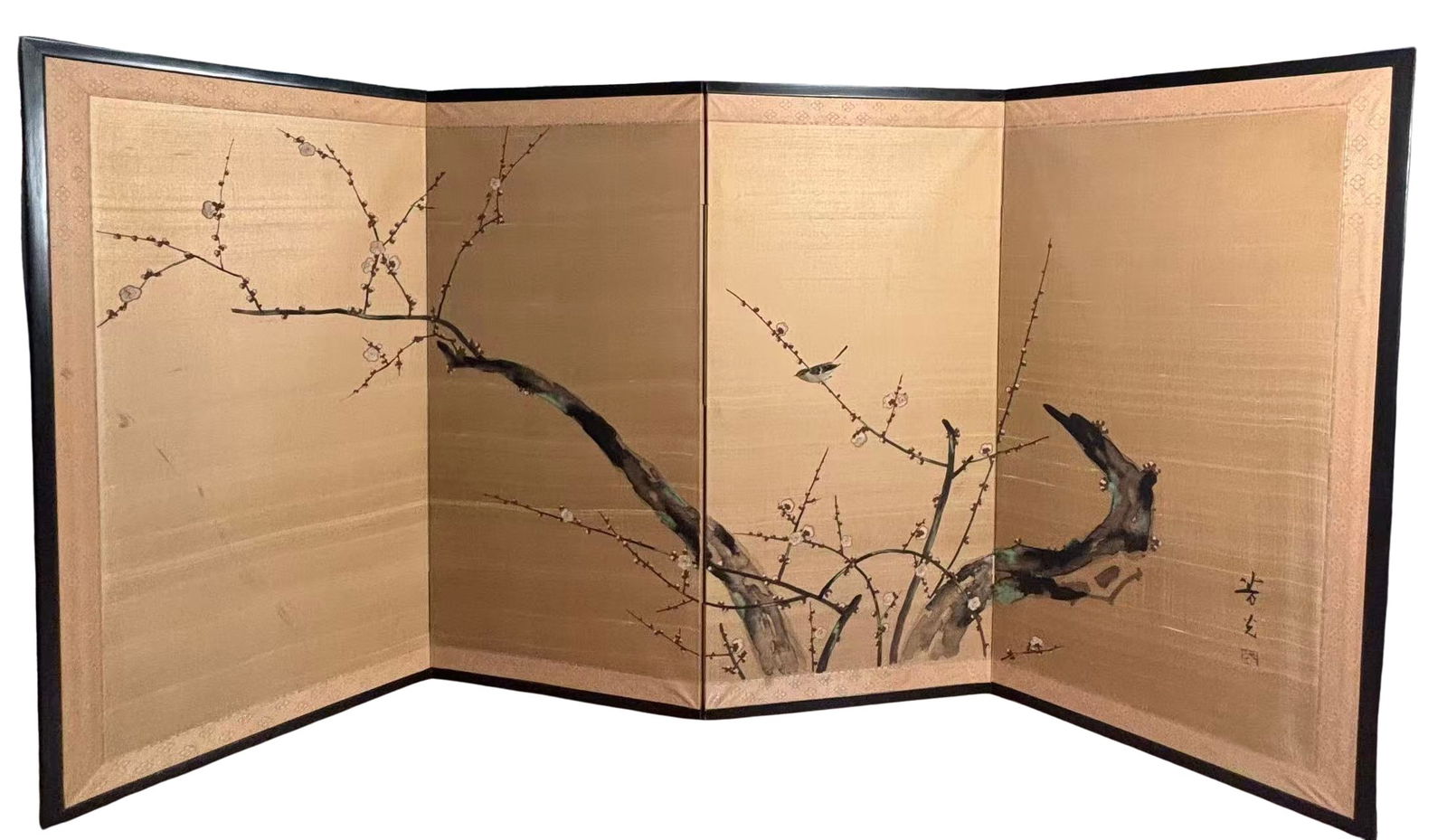 A Japanese Edo Period Four-Panel Folding Screen, Plum Blossoms and Birds, Signed “H?k? (1 of 15)