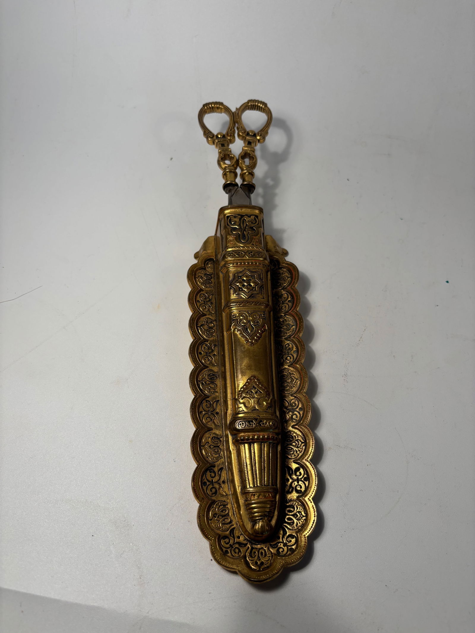 A Gilt Bronze and Steel Wick Trimmer and Tray by Ehmann & Schöneau, Germany: 19TH Century; A finely crafted gilt bronze and steel wick trimmer with matching tray, made by Ehmann & Schöneau, Germany, late 19th century. The scissor-form trimmer features ornately cast Gothic-sty