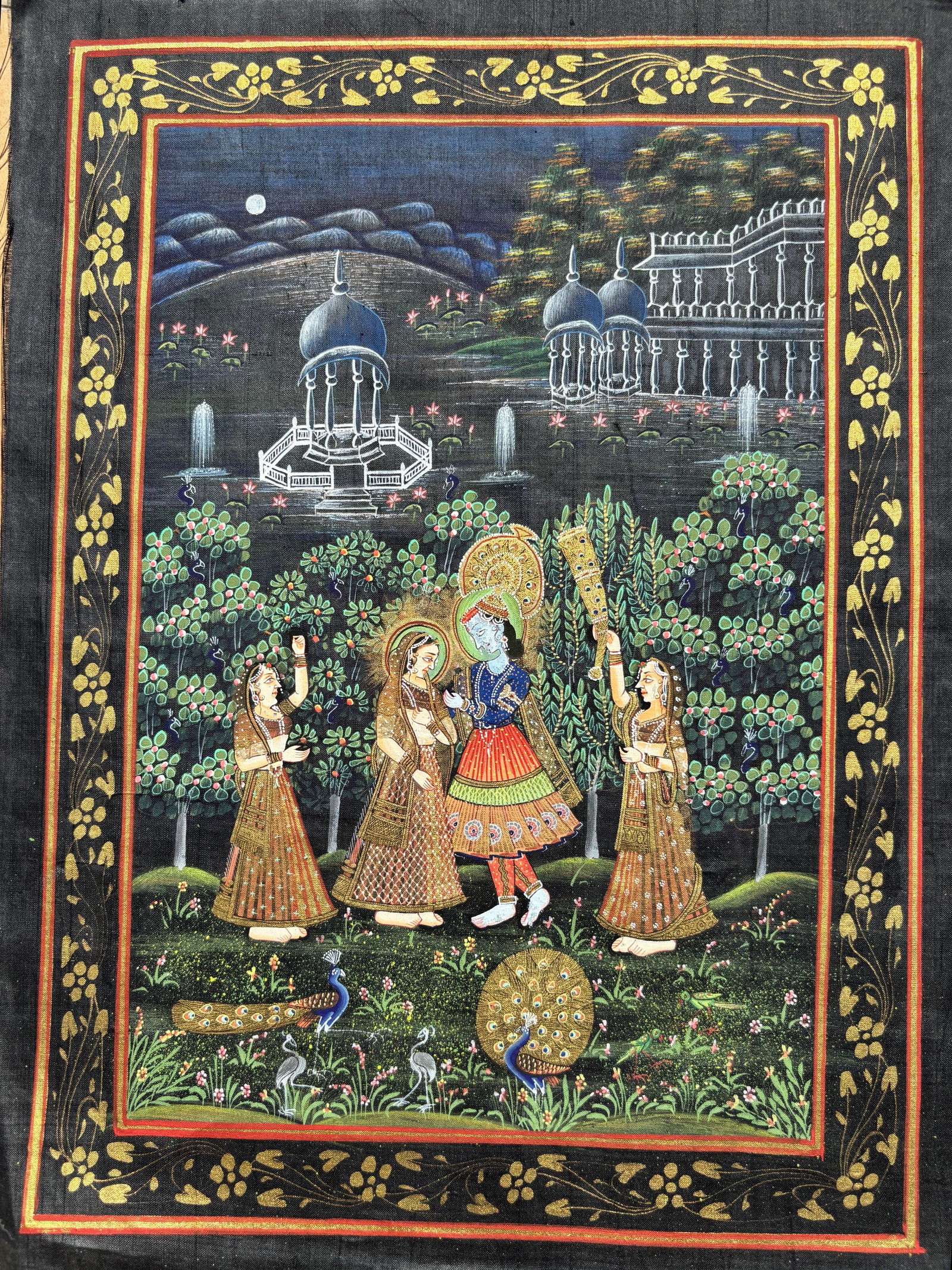 Indian Miniature Painting on Silk – Krishna with Radha and Gopis in Palace Garden (1 of 7)