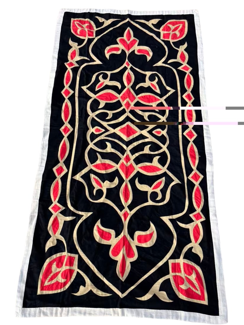 Vintage Egyptian Khayamiya Appliqué Textile, 35 × 68 in, Red and Ivory on Black (1 of 8)
