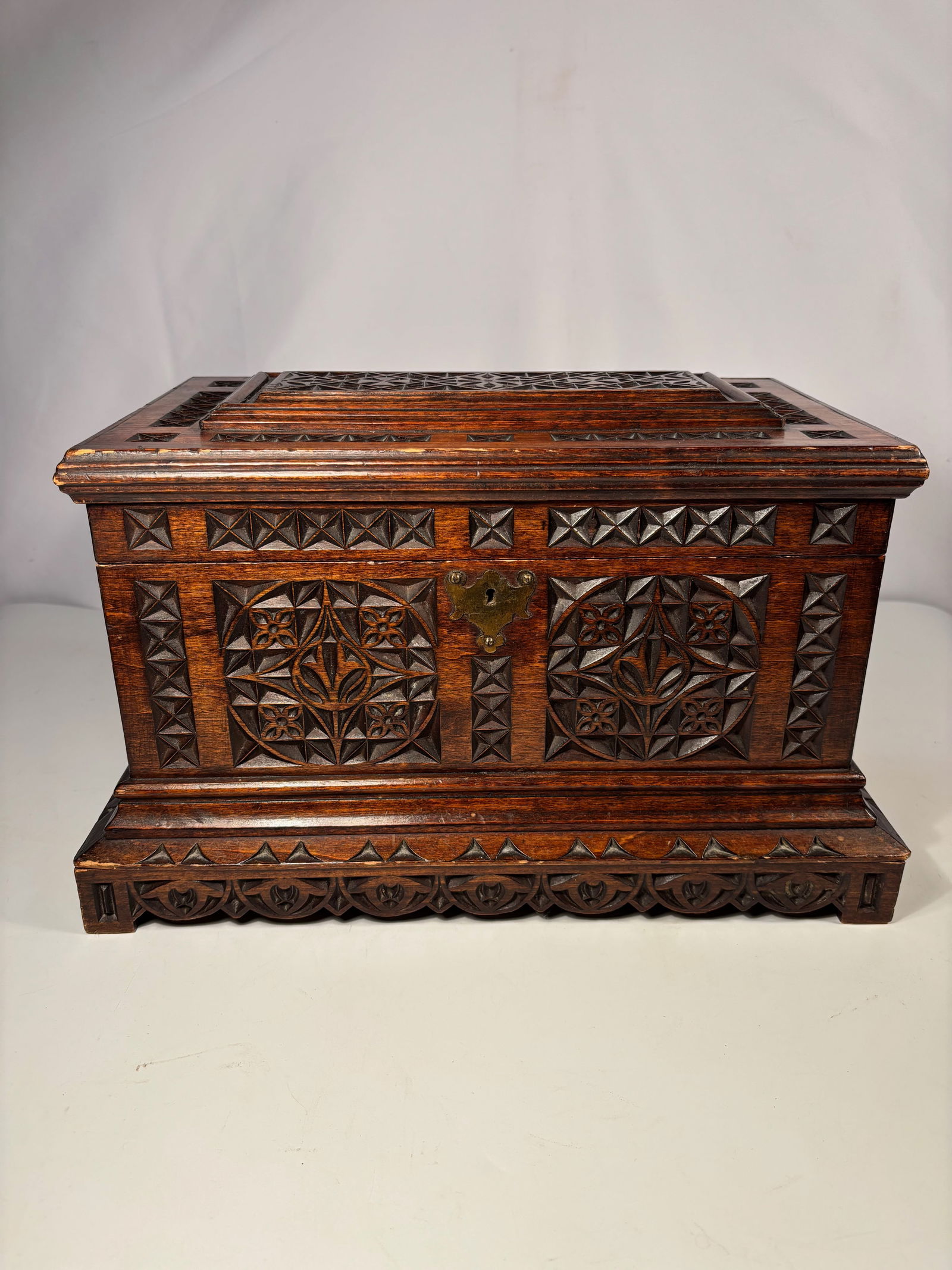 Late 19th Century European Hand-Carved Wooden Document Box with two Brass handles and Escutcheon (1 of 11)