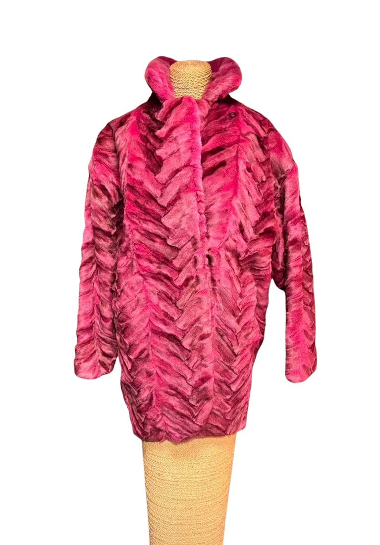 Vibrant Pink Mink Fur Coat with Chevron Pattern, Stand Collar (1 of 9)