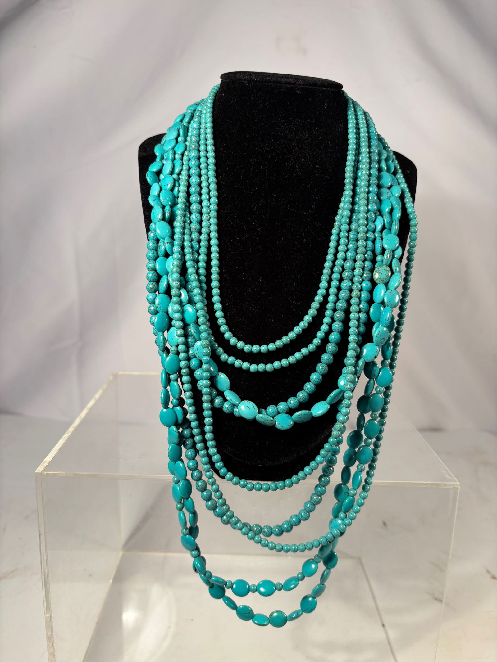 A Vintage 9-Strand Turquoise-Color Bead Necklace with Silver-Tone Clasp (1 of 7)