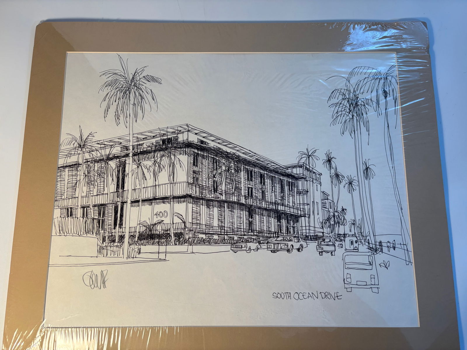 Pen-and-ink architectural Sketch "South Ocean Drive , Palm Beach, FL "signed by William Orlandorf (1 of 6)