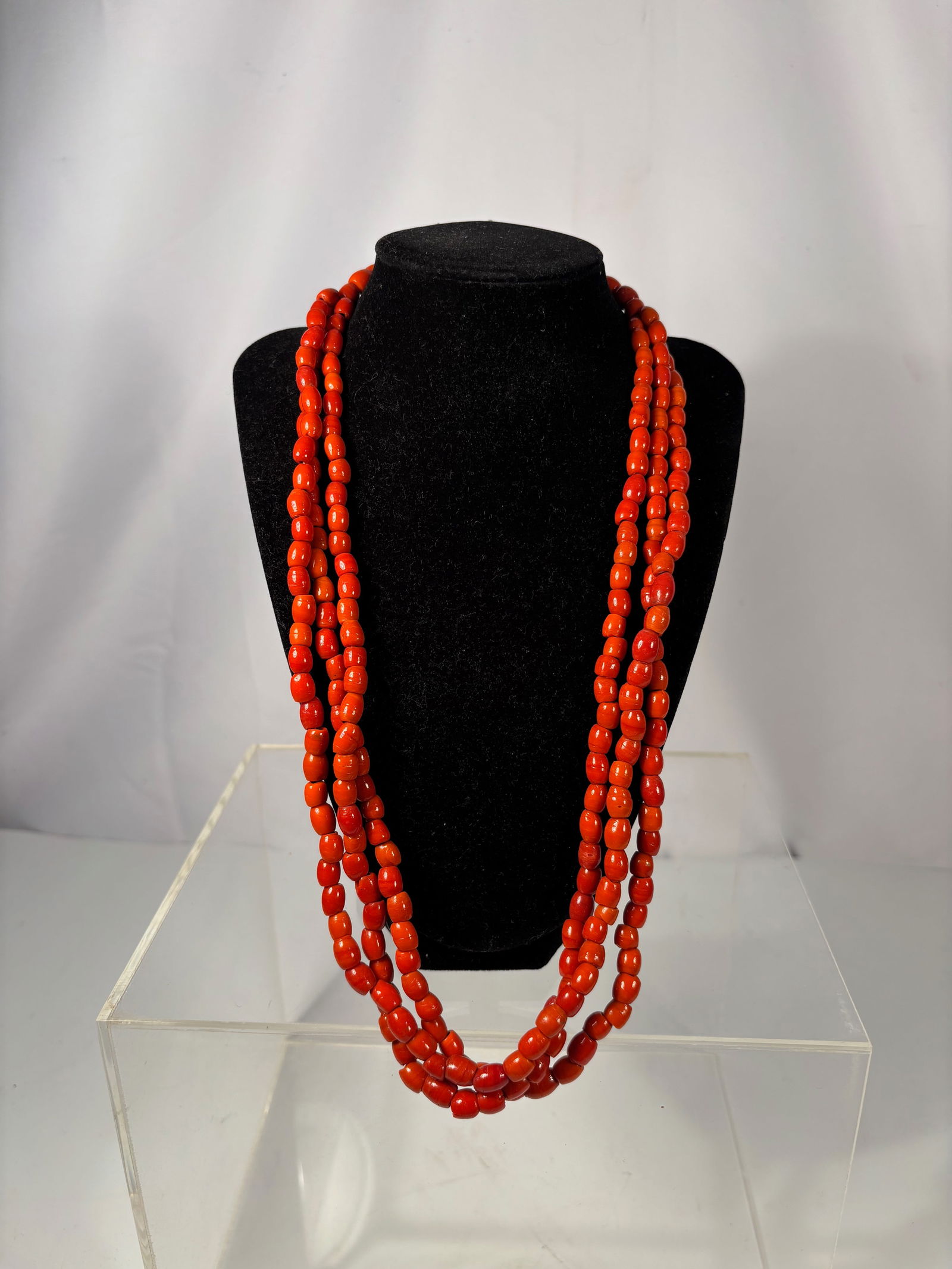 Antique Mediterranean Red Coral Three-Strand Necklace, Natural Barrel-Shaped Beads, 101.49 g (3.58 (1 of 7)