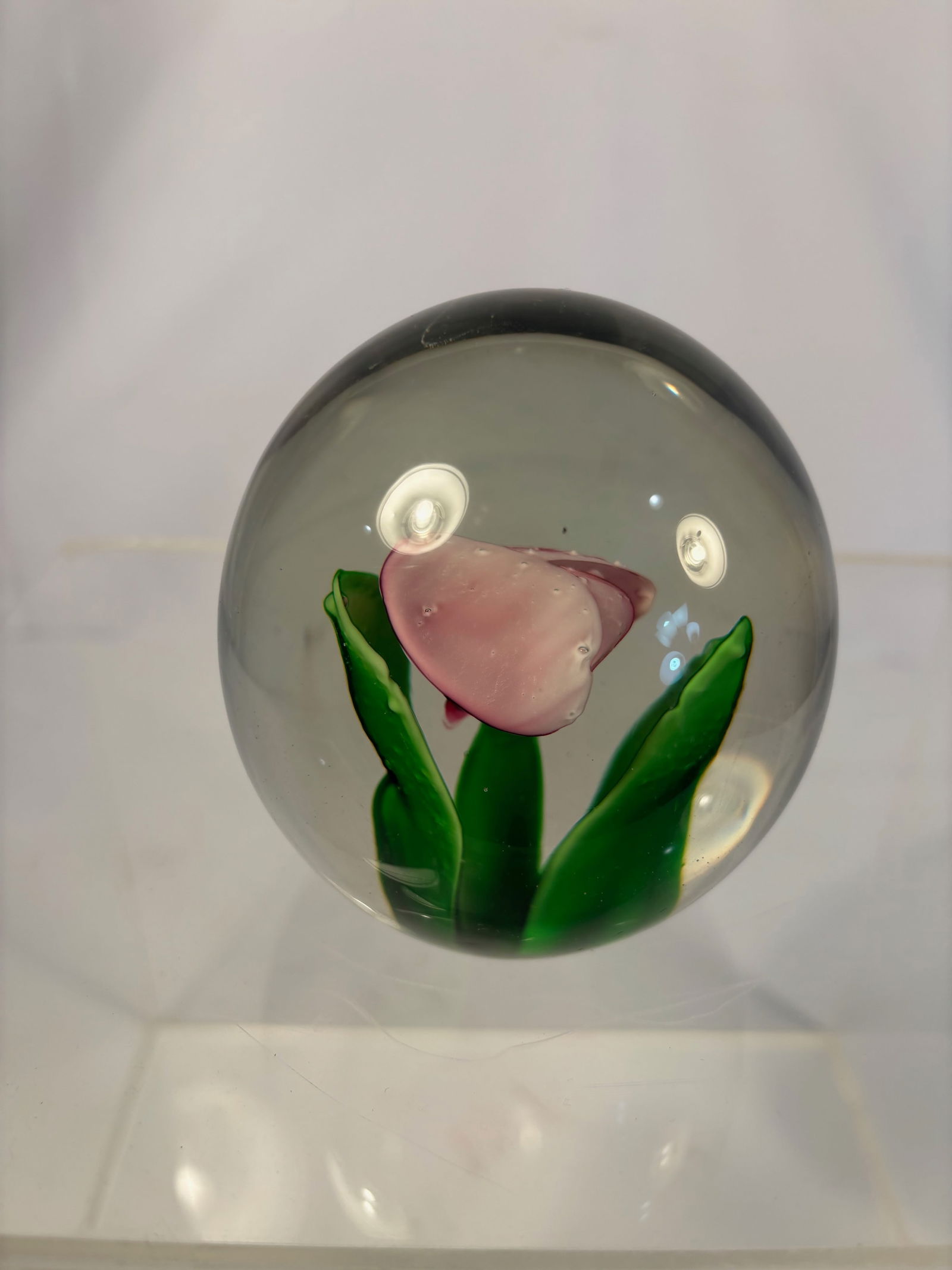 A Murano-Style Art Glass Paperweight with Encased Pink Flower over Green leaves: Clear art glass paperweight featuring a delicately lampworked pink flower enclosed within a spherical crystal dome. The blossom displays softly curved petals with vibrant green leaves rising from the