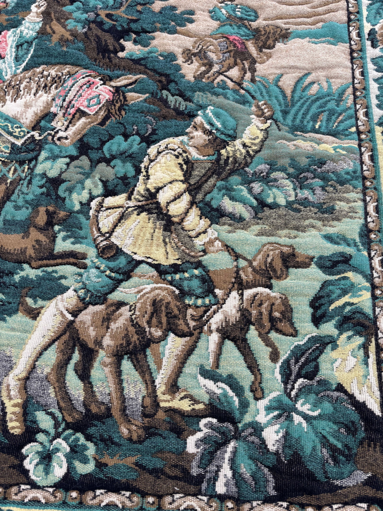 Mid-Century Belgian Wall Tapestry, Courtiers and Falconer in a Verdure Landscape, with Gilt  Wooden (1 of 10)
