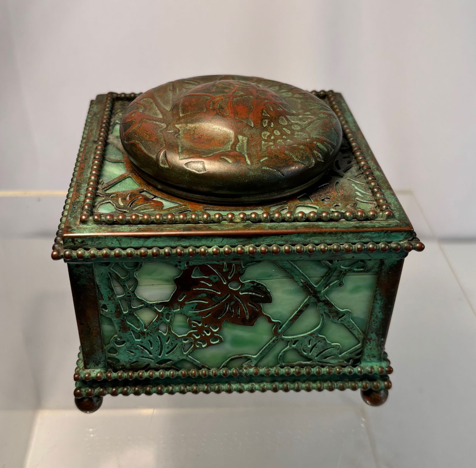 TIFFANY STUDIOS NEW YORK “GRAPEVINE?? BRONZE AND FAVRILE GLASS INKWELL, CIRCA 1905 (1 of 12)