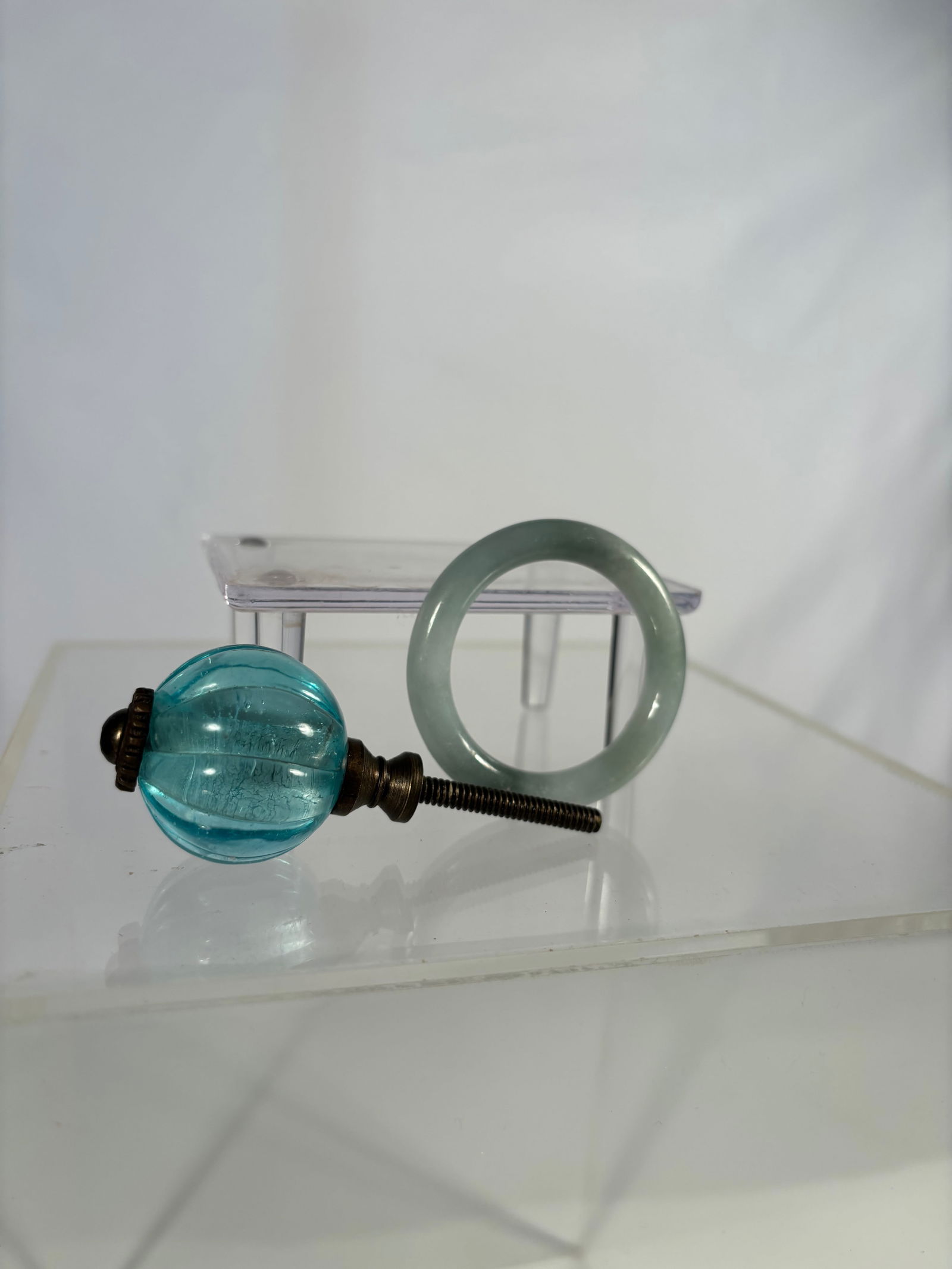 Aqua Blue Glass Knob & Chinese Pale Green Jadeite Ring (1 of 8)