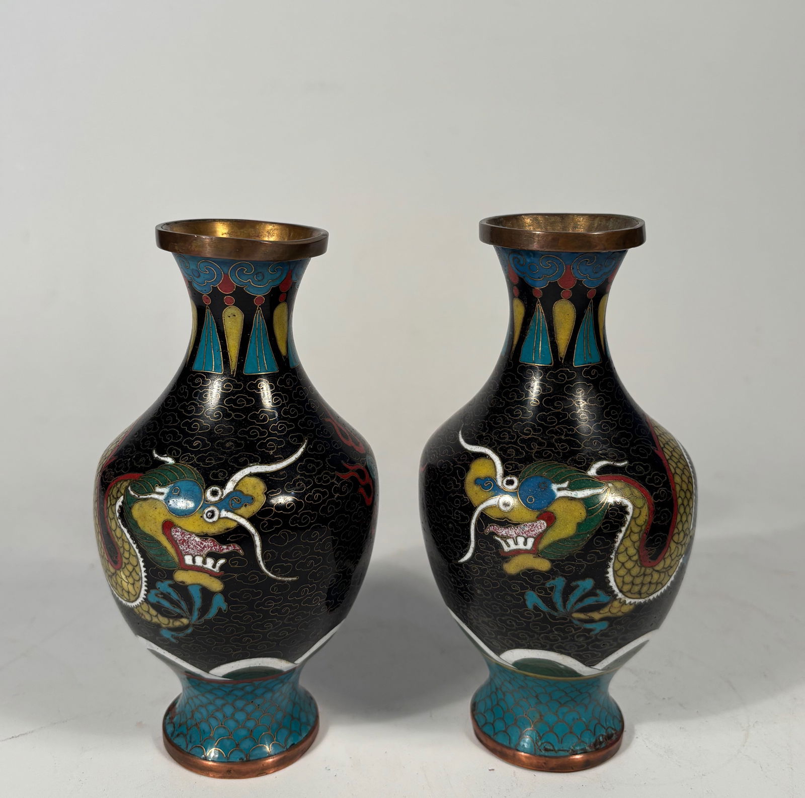 Pair of Chinese Cloisonné Enamel Vases with Five-Clawed Dragons (1 of 14)