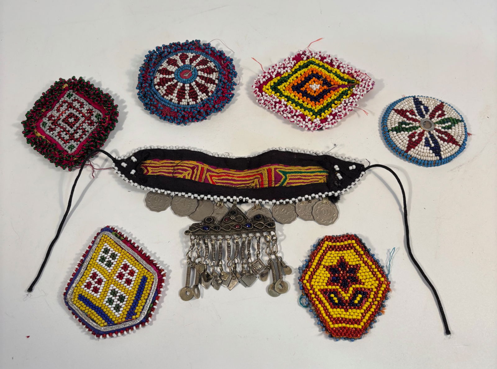 Lot of 7 Vintage Afghan/Pakistani Kuchi Beaded Medallions and Beaded Amulet with Coins (1 of 10)