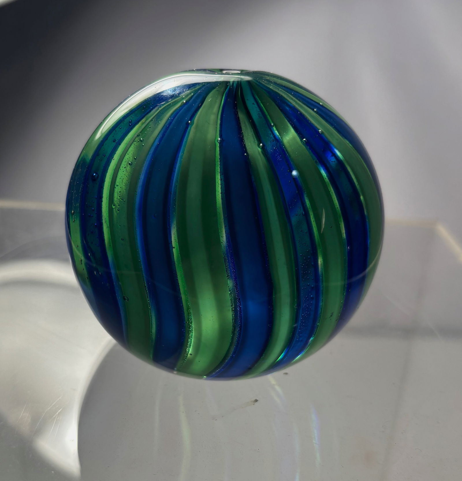 A Murano Art Glass Blue & Green Swirl Paperweight (1 of 8)