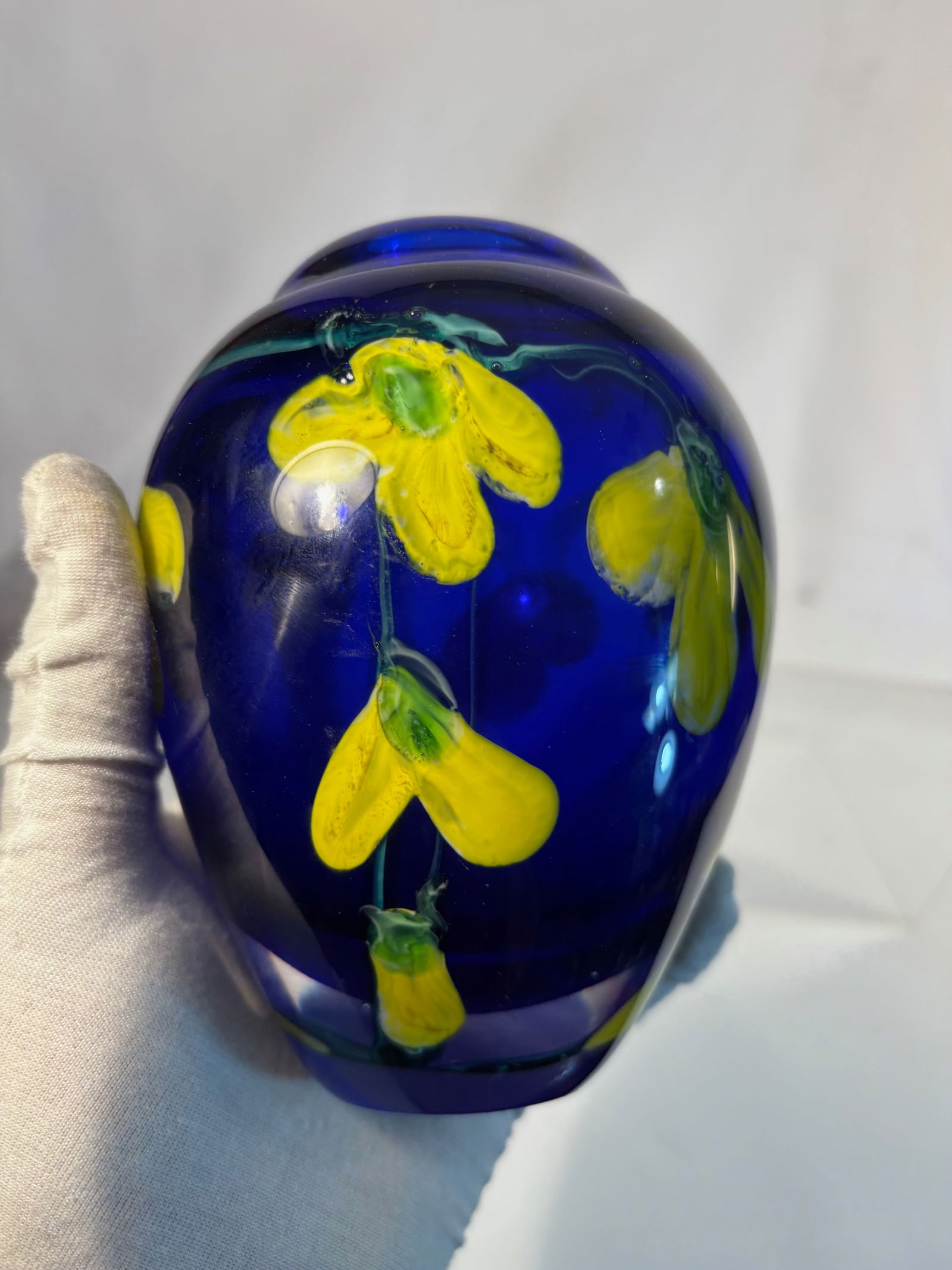 A Studio Art Glass Vase (or Paperweight Form), Cobalt Blue with Yellow Floral Motif (1 of 6)